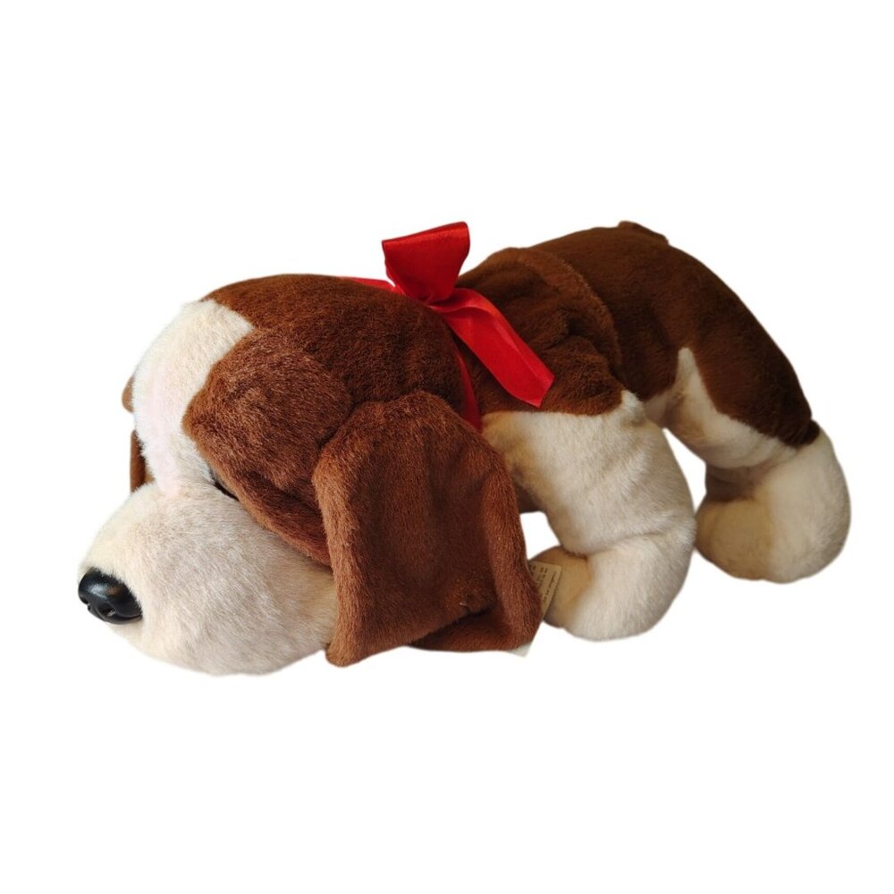 Vintage Blue Magic Dog Puppy Plush Brown White, Red Bow, Stuffed Animal Toy Cute